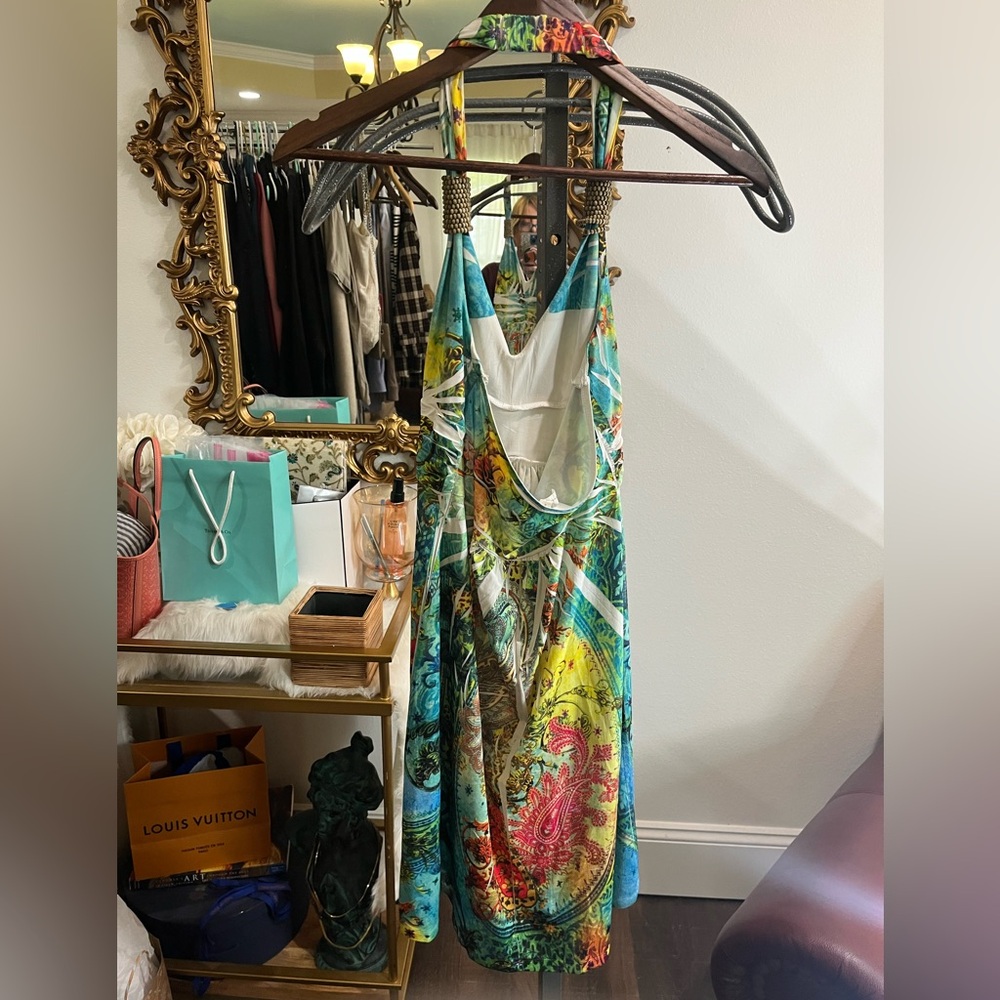 Cristinalove Turquoise and Yellow Halter Beachy Tropical Dress with Rhinestones - Picture 13 of 14